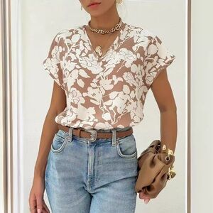 Floral Print V-Neck Blouse - Brown and White
